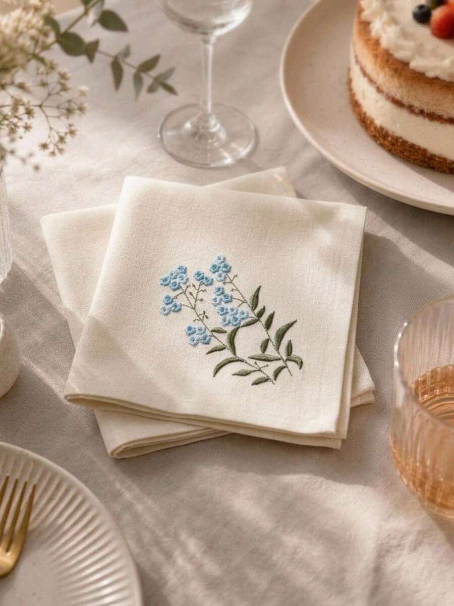 Cirelle 精緻刺繡餐巾紙，小藍花設計，清新優雅的餐桌裝飾。可水洗布製餐巾，適合節日、居家、派對、晚餐、婚禮及茶會使用 - 淺藍色 - 查看 1