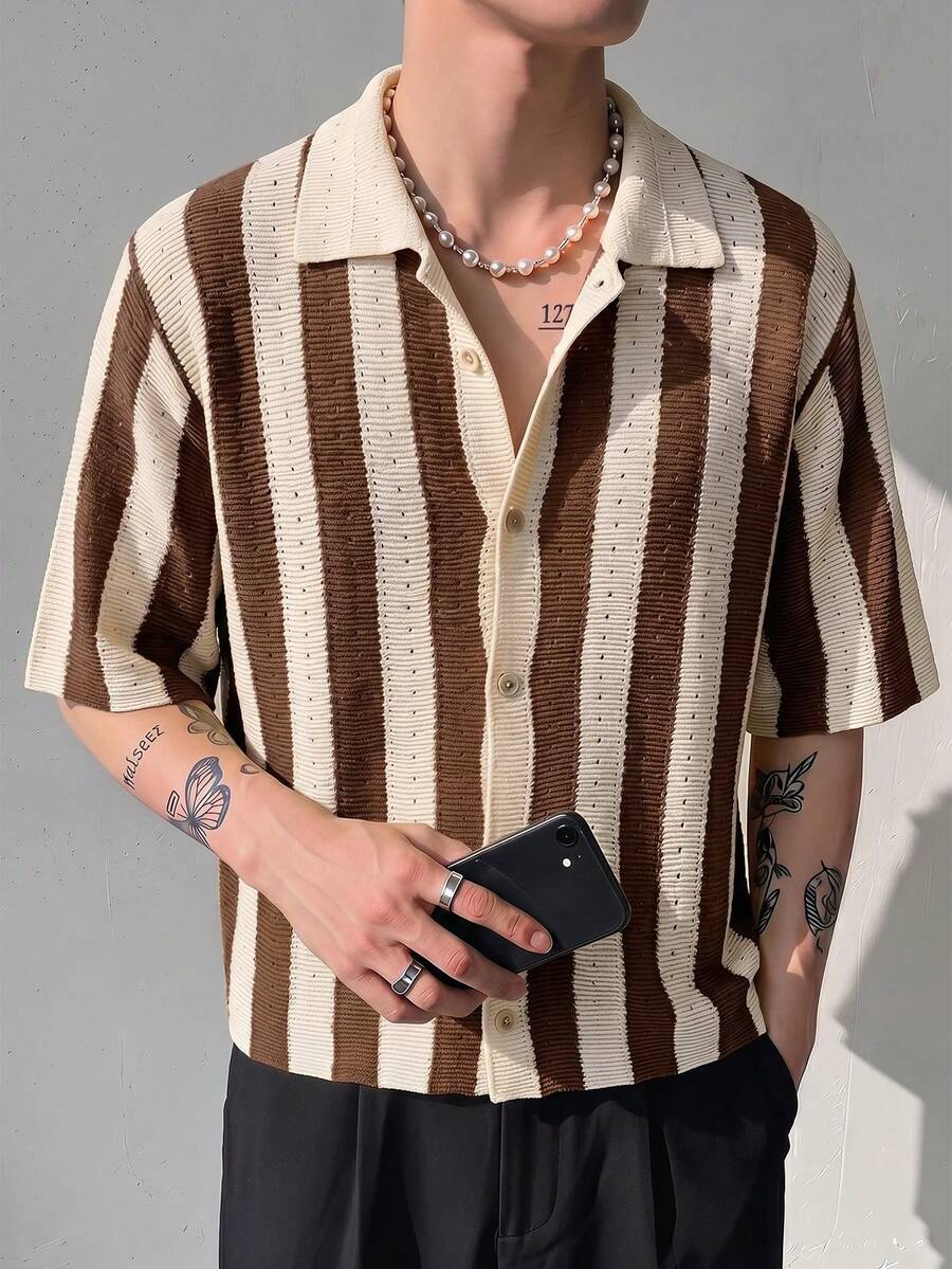 NORVETH Men's Striped Short Sleeve Single-Breasted Casual Knit Cardigan - Brown - View 1