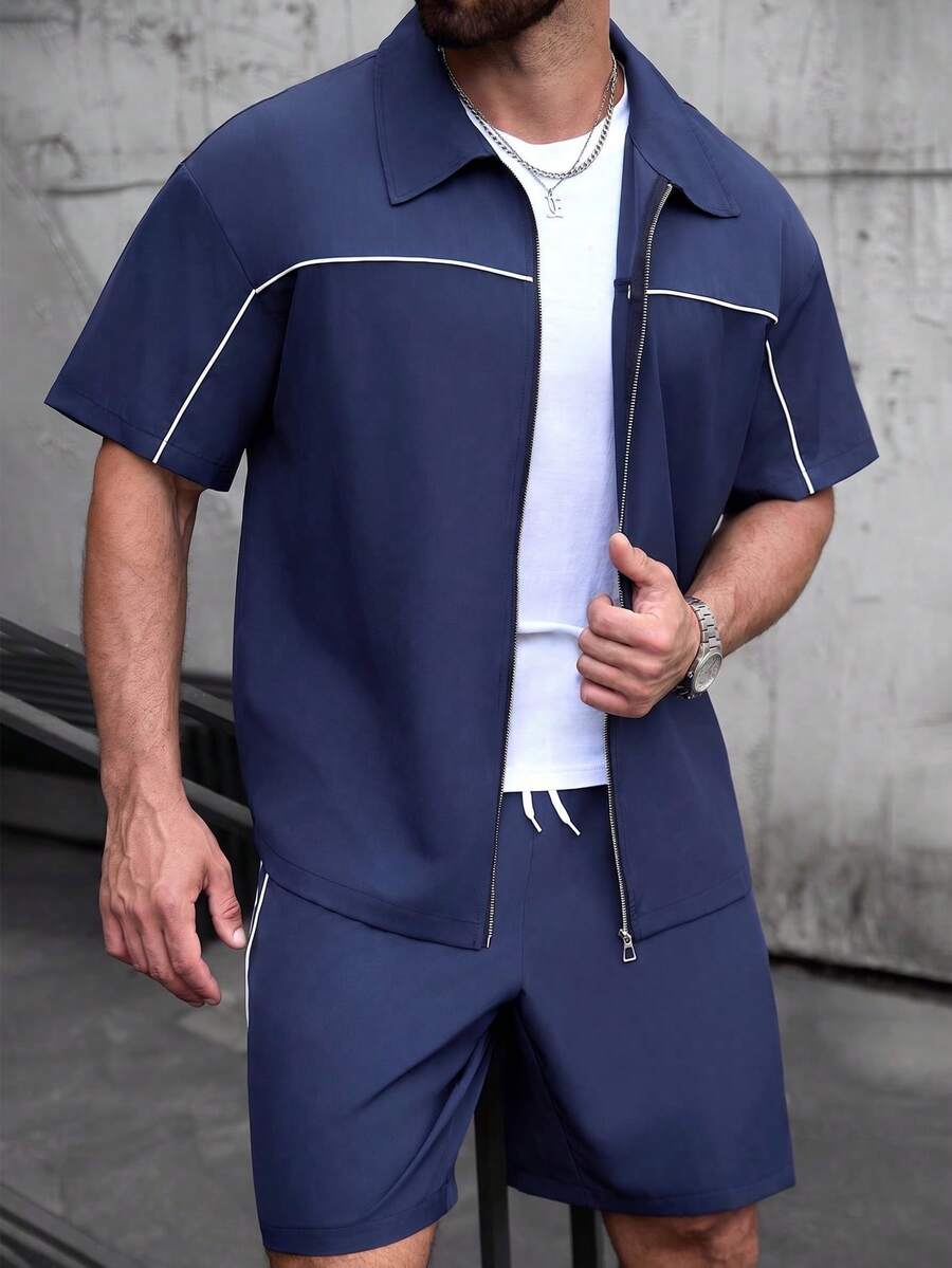 Manfinity CasualCool 男士短袖拉链衬衫和短裤休闲套装 - 藏蓝色 - 查看 1