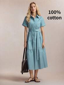 BizChic Adjustable Waist Patchwork Dress, Vintage French Elegant Business Formal Vacation Country Slouchy Date Daily Holiday Halloween Back To School Party Birthday Wedding Guest Church Special Occasion Slimming Elegant Sexy Versatile Summer Autumn Commute Office Outing Beach Gathering Social Holiday Shopping Travel Luxury - Blue - View 3