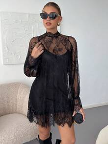 Lavishia 女款優雅網紗長袖上衣，女款蕾絲刺繡薄紗洋裝，適合攝影、夜店、晚宴及其他場合，蕾絲 - 黑色 - 查看 5
