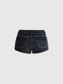 ROMWE Y2K Hot Girl Preppy Casual Cavalry Metal Button Knot Design Ultra Low Waist Tight Denim Mini Shorts Night Out Navy Blue And Gold Summer - Blue - View 2