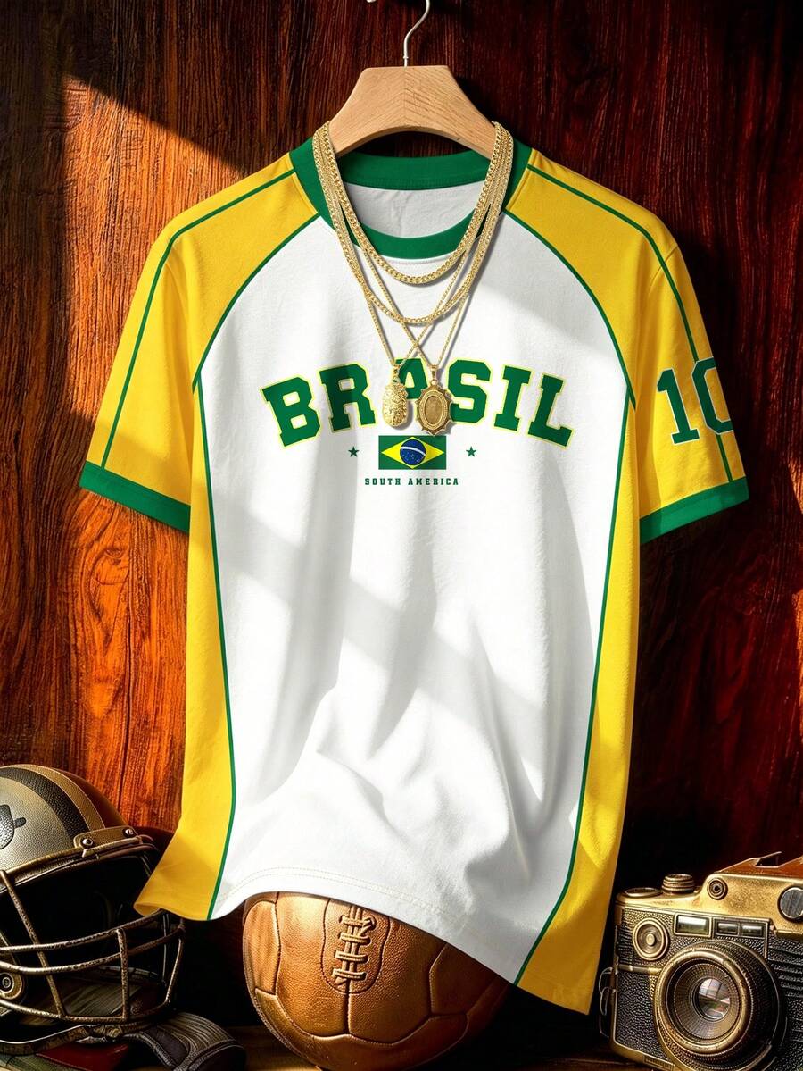 Aesthetic Post 男士大尺碼復西足球T恤，美國 BRASIL 10 印花T恤，時尚運動上衣，足球/足球用品，假日 - 彩色 - 查看 1