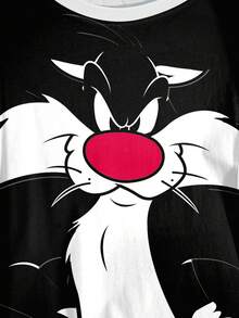 LOONEY TUNES X SHEIN 大尺碼夏季休閒卡通印花T恤 - 白色 - 查看 3