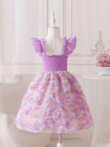 SHEIN 女童公主洋裝，紫色3D花朵，紫色細肩帶洋裝，荷葉袖，生日派對、婚禮度假洋裝，奢華優雅可愛甜美 - 紫色 - 查看 5