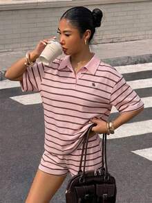 Muchica 女款休閒短袖 Polo 衫與短褲套裝，條紋套裝，適合日常通勤、約會、聚會，秋冬春夏，聖誕節、新年、感恩節、派對、婚禮、海灘、畢業典禮，時尚優雅休閒，適合外出、約會、通勤 - 彩色 - 查看 5