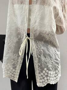 DAZY 女款花卉刺繡圖案休閒日常長袖襯衫 - 杏色 - 查看 7