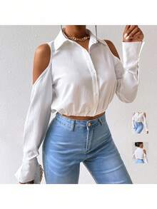 VaVaBold Solid Textured Button Front Cold-Shoulder Collar Blouse Women Shirt Fall Cloth For Women - White - View 3