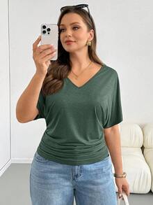Shapeblank Große Größen Sommer Lässig Einfarbiges T-Shirt mit Fledermausärmeln - Dunkelgrün - Übersicht 8