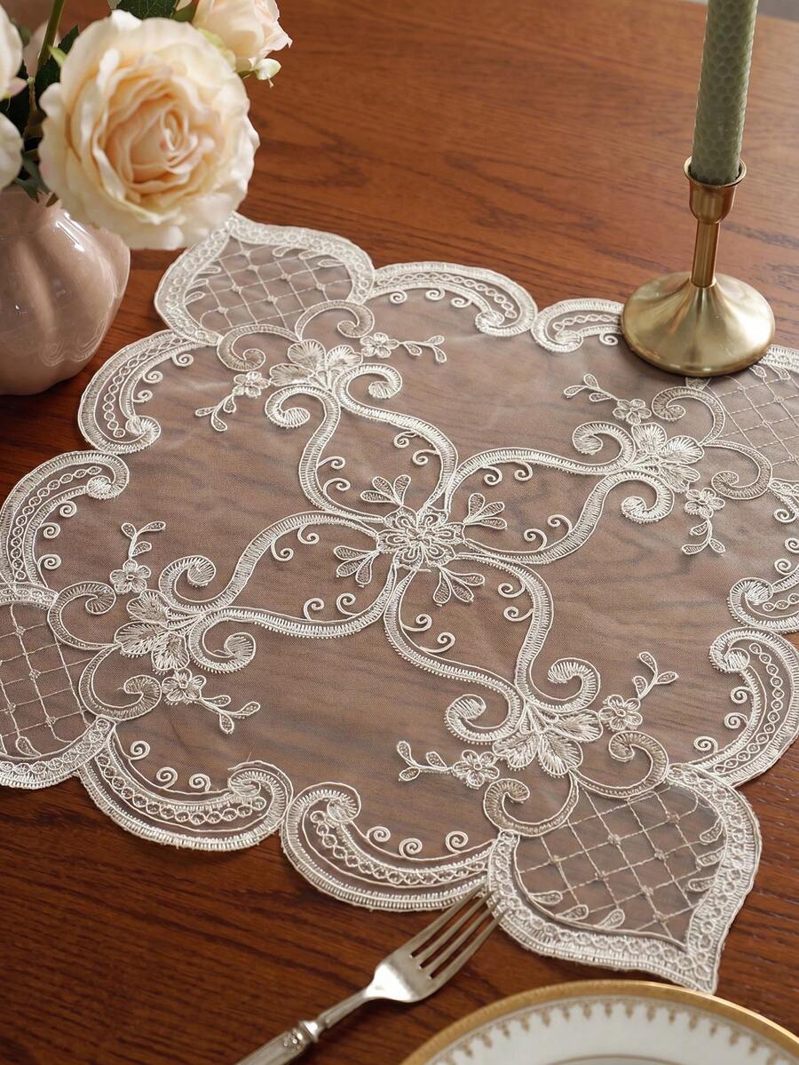 1pc Elegant High-End Lace Placemats, Embroidered Decor For Kitchen, Dining Room, Living Room, Villa, Party, Wedding, Outdoor, Available In Rectangle, Diamond, Square Shapes - White - View 1