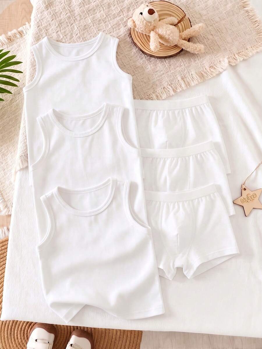SHEIN 小男孩素色圓領上衣與四角內褲休閒日常內衣套裝 - 白色 - 查看 1