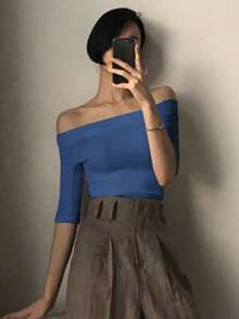 DAZY 女款純色露肩修身短袖T恤黑色，春夏外出上衣 - 寶藍色 - 查看 2