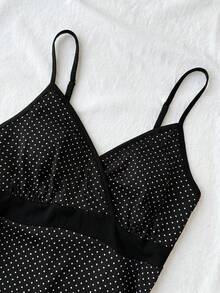 SHEIN 青少年女孩波點印花修身拼接細肩帶背心 - 黑與白 - 查看 3