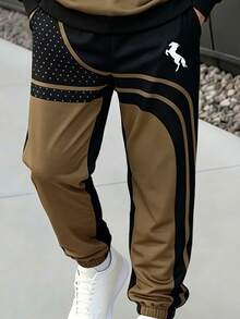 SHEIN Vacaura 青少年男孩黑色運動衫褲套裝，胸前圖案印花，街頭風寬鬆，春秋款，校園穿搭，兩件套，Sixth Form 騎行風 - 卡其色 - 查看 5