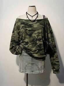 SHEIN EZwear 女款休閒衛衣，迷彩印花，露肩衛衣，女款秋冬服飾，街頭風，適合日常通勤、約會、聚會、秋冬、夏季、聖誕節、新年、感恩節、派對、婚禮、海灘、畢業典禮，優雅、休閒、外出 - 彩色 - 查看 3