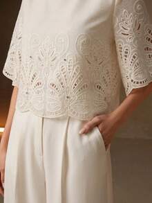 Anewsta Women's New Elegant Vacation Style Wedding Banquet Sheer Heavy Embroidery Hollow Out Round Neck Short Sleeve Cover Up - White - View 2