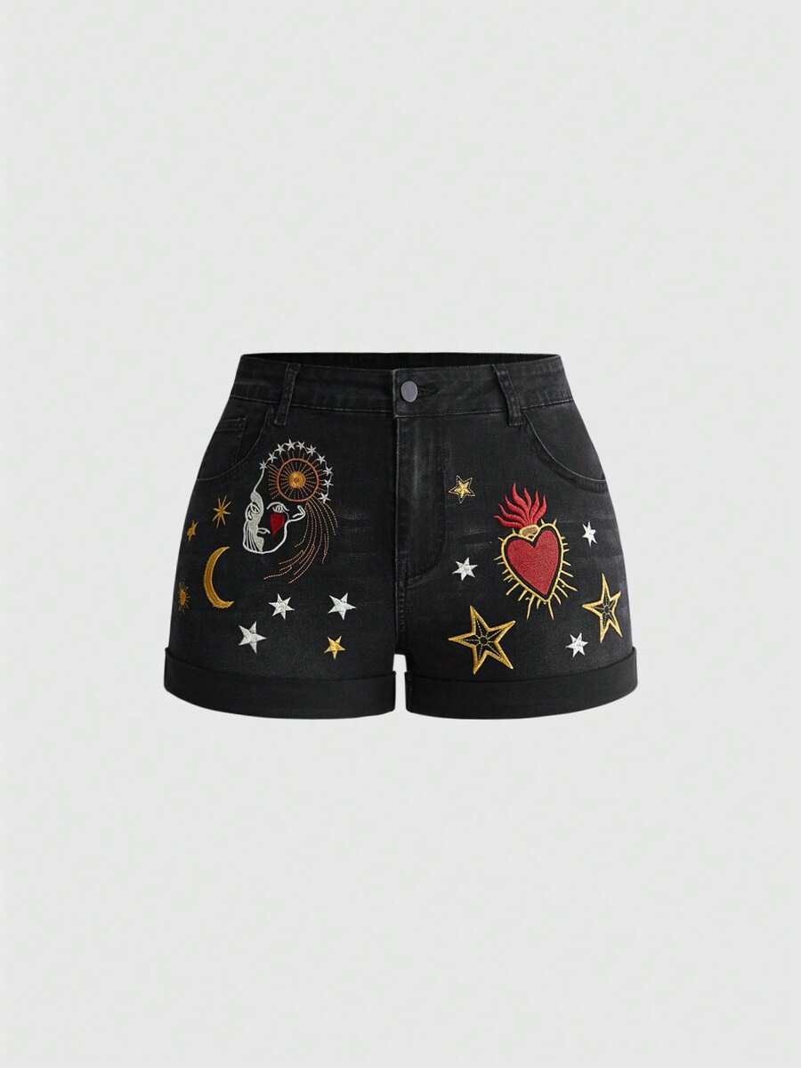 ROMWE Grunge Punk Y2K 千禧復古星月占星刺繡大尺碼牛仔捲邊短褲 - 黑色 - 查看 1