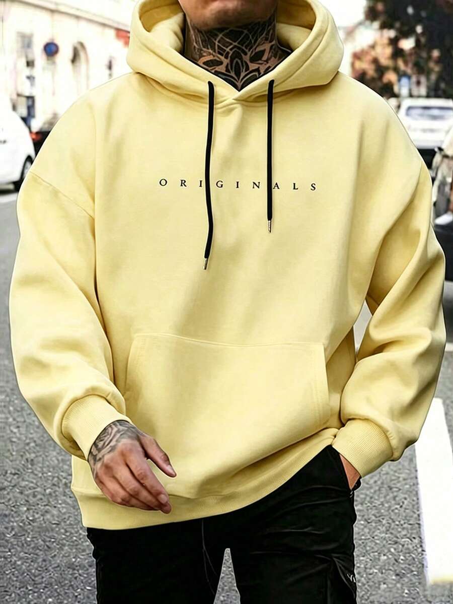 Manfinity Homme 男士字母圖案抽繩連帽休閒百搭日常穿著運動衫 - 淡黃色 - 查看 1
