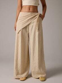 Athîral Women's Plaid Side Waist Tie Wide Leg Loose Casual Long Pants - Apricot - View 3