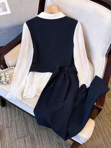 Franclia Women's New Turndown Collar 2 In 1 Shirt + Wide Leg Pants 2 Pieces Set, Suitable For Office Commute Chic Outfit - Navy Blue - View 2