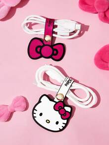 HELLO KITTY AND FRIENDS | SHEIN Cartoon Cat Print Cable Organizer Set, 2-Piece Cute Leather Cord Ties With Snap Closure, Reusable Cable Management Clips For Earphones, Charging Cables & Travel - Multicolor - View 4