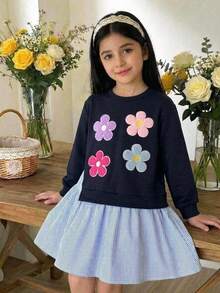 LMoss Kids 少女針織素色圓領拼接梭織條紋休閒洋裝 - 彩色 - 查看 7