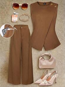 Franclia Plus Size Women's Elegant Brown Summer Two Piece Set,Formal Work Sleeveless Asymmetric Buckle Shirt & Elastic Waist Pocket Pants Outfit,Commute Suits - Brown - View 1