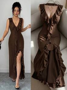 Elenzga Vestido elegante y romántico de línea A con contraste de color a rayas negro y blanco sin mangas para mujeres - Café - View 3
