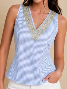 Selenza Summer V-Neck Loose Floral Trim Striped Women's Camisole - Blue and White - View 2