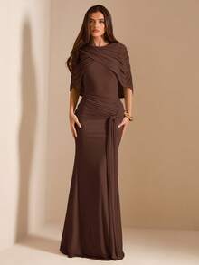 SHEIN BAE Autumn Dark Brown Mesh Shawl Evening Gown, High Neck Draped Pleated Tie-Up Fitted Mermaid Long Dress, Elegant Wedding Formal Guest Party Dress - Coffee Brown - View 6