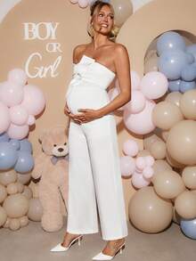 Loomaby Elegant Solid Color Knot Jumpsuit For Pregnant Women Party Dress Gender Reveal Dress Maternity Dress Baby Shower Dress - Apricot - View 9