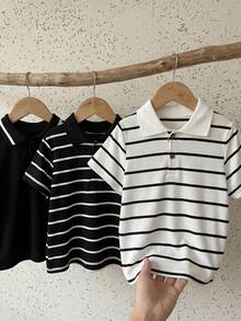SHEIN 兒童小男孩休閒 3 件套短袖 Polo 衫套裝 - 黑與白 - 查看 7