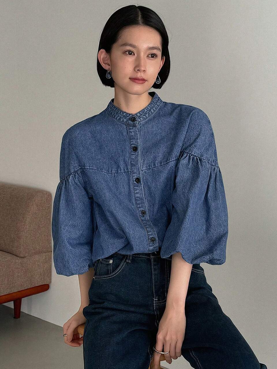 Women's Casual French Washed Denim Top Work Navy Blue Autumn