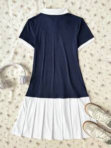 SHEIN 青少年女孩深藍色 Polo 領 Polo 洋裝，刺繡圖案百褶下擺學院風休閒洋裝 - 藍色 - 查看 10