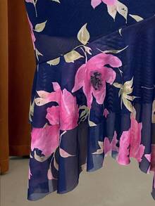 Rometta Plus Size Women's Elegant Knit Sleeveless Mesh Pink Floral Digital Print Double Layer Long Dress - Navy Blue - View 8