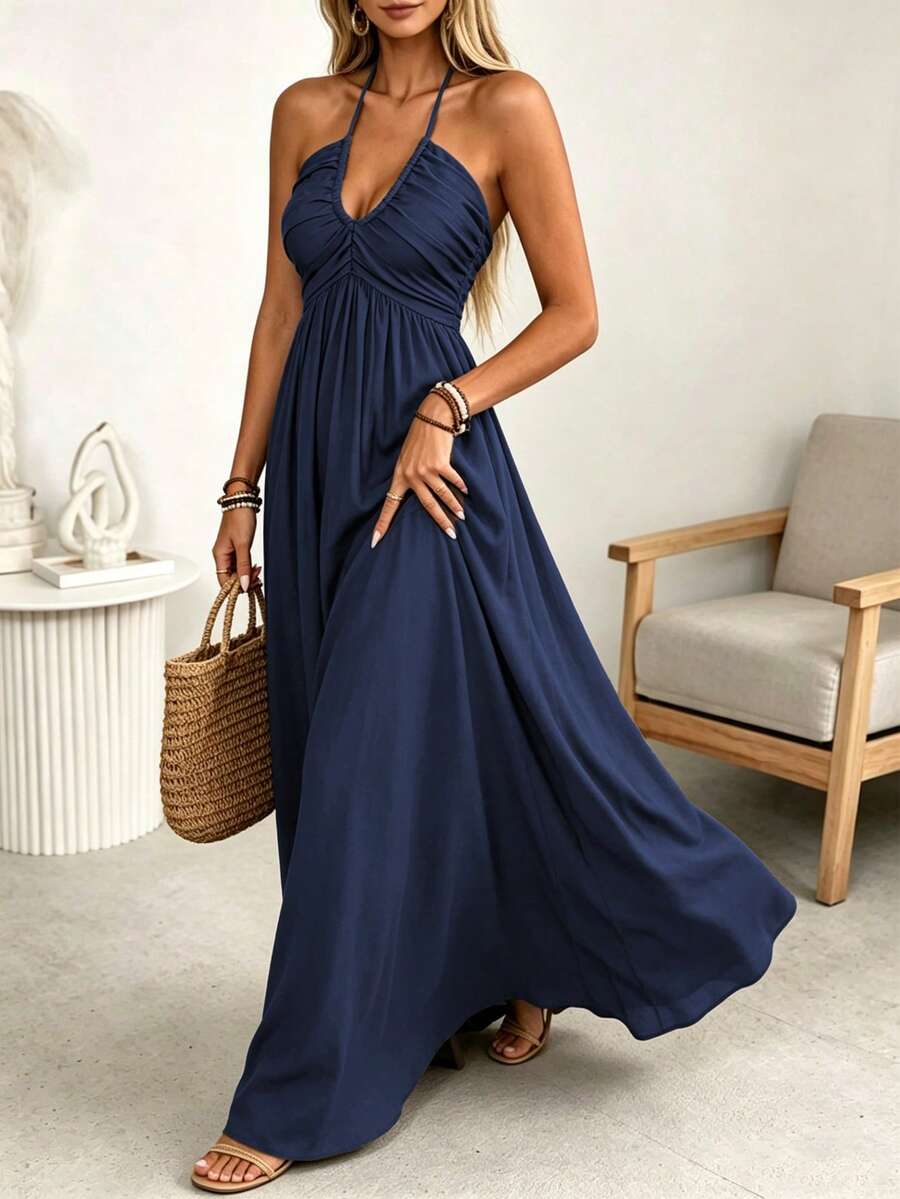 Wandoria Women's Spring/Summer Navy Blue Single-Strand Bamboo Linen Blend With Rayon Spaghetti Strap Tie Bow Front Double Layer Pleated Shirred A-Line Dress - Navy Blue - View 1