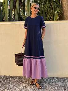 DAZY Women's Casual Color Block Patchwork Long Dress For Summer,Teacher Outfits - Navy Blue - View 13