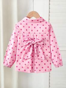 SHEIN Vintaside Kids 女童粉色波點翻領七分袖上衣，背後大蝴蝶結設計，長袖鈕扣開襟，秋季度假上衣 - 粉色 - 查看 3