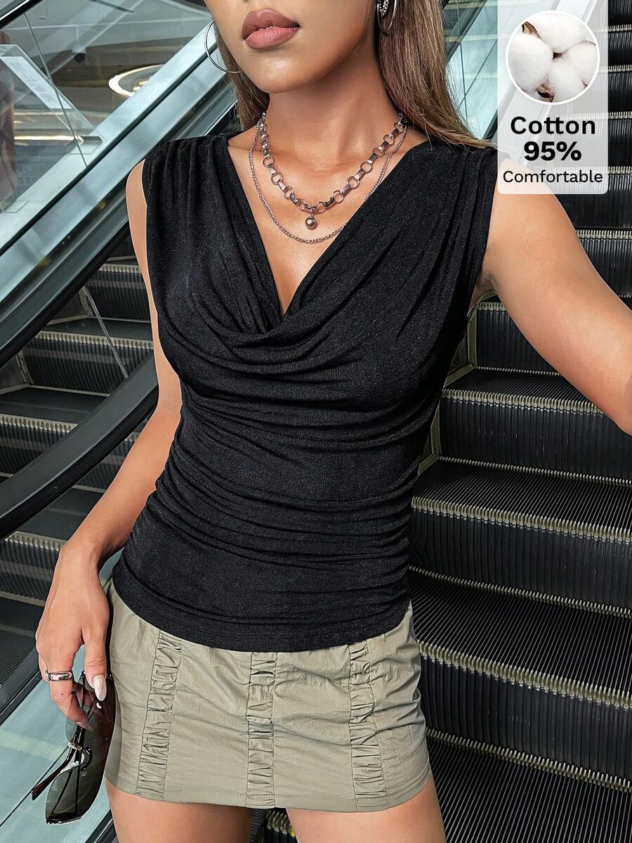 SHEIN ICON 女款純色垂領百褶修身時尚背心 - 黑色 - 查看 1