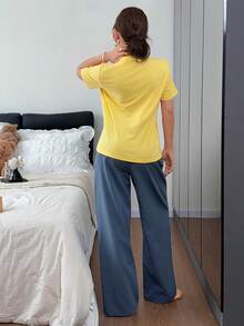 DAZY Women's Cartoon Print Top & Plaid Pants Pajama Set Summer - Yellow - View 2