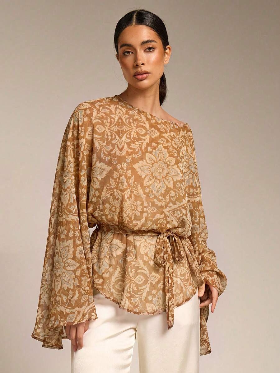 COSMINA Women's Elegant Floral Print Loose Batwing Sleeve Blouse, Versatile For Spring, Summer, Autumn, Winter, Commuting, Office, Outings, Spring Dates, Daily Wear, Wedding Season, Wedding Guest, Beach Vacation - Brown - View 1
