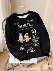 Beetlejuice X SHEIN Sweatshirt Kasual Lengan Panjang Leher Bulat Motif Kartun Slogan untuk Wanita Ukuran Besar, Cocok untuk Musim Gugur. - Putih - View 1