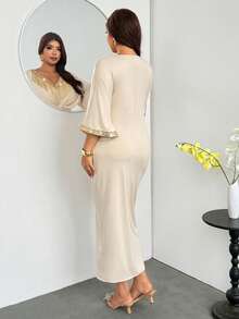 Firerie Plus Size Fashion Sequin Tassel Decor Twisted Knot Dress Elegant Wedding Guest Dress For Women Elegant Going Out Dress For Women Elegant Party Dress - Apricot - View 3
