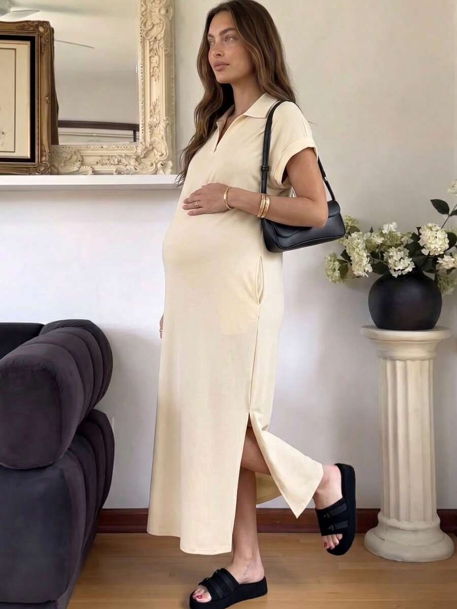 Slowluna 孕妇纯色短袖口袋侧开衩下摆休闲连衣裙 - 白色 - 查看 1