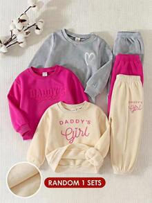 SHEIN Baby Girl Knit Solid Color Letter Pattern Crew Neck Casual Sweatshirt And Long Pants 2-Piece Set - Apricot - View 1