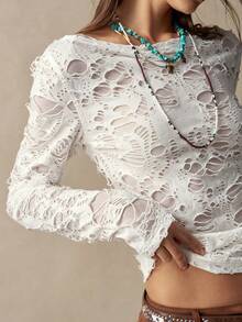 Bohemela Casual Boho Country Grunge Solid Color Knit Off-Shoulder Women's T-Shirt Concert Music White Autumn - White - View 2