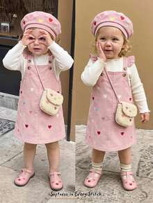Cozy Pixies Baby Girl Solid Color Knit Soft Round Neck Long Sleeve Pullover Top And Heart Embroidered Pattern Suspender Short Dress 2 Pieces Cute Ruffled Pink Set - Pink - View 12