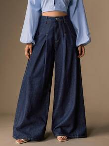 CielaLinda Women's High Waist Pleated Wide Leg Loose Casual Versatile Denim Jeans Everyday Navy Blue Summer - Blue - View 4