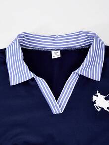 SHEIN Casuvi Kids 青少年女孩兩件套，針織彈性修身 T 恤套裝，對比色梭織條紋 Polo V 領套頭長袖 T 恤搭配對比腰帶寬腿褲，馬匹圖案印花裝飾，時尚復古運動風，適合休閒、運動、度假穿著，春秋季適用 - 藏蓝色 - 查看 3