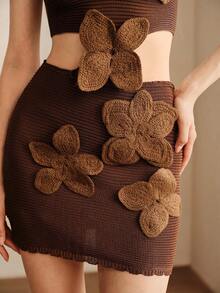 Anewsta Vintage Brown Strapless Cropped Tube Top And High Waist Bodycon Mini Skirt 2-Piece Set, Sexy Elegant Summer Outfit For Women, Fitted Cover Up With 3D Floral Applique - Chocolate Brown - View 3